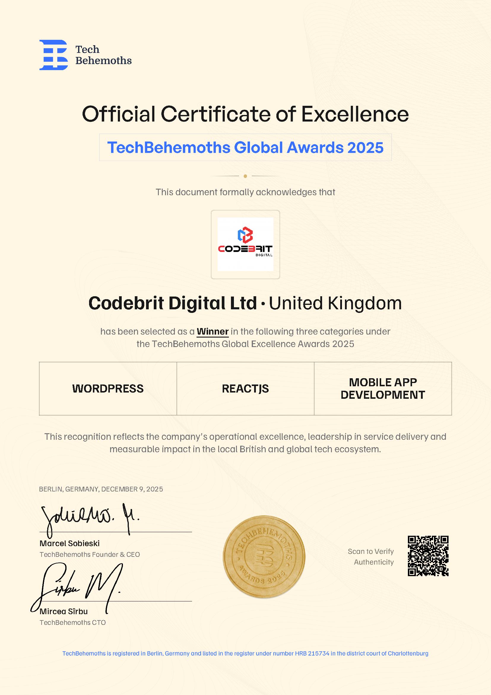 TechBehemoths Award Certificate